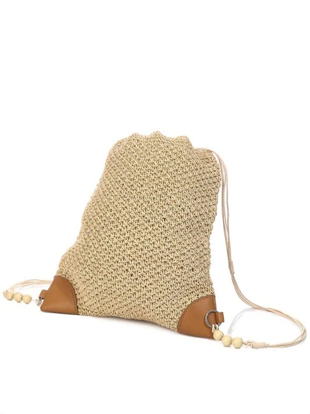 Neutral Woven Drawstring Backpack with Tan Leather Accents